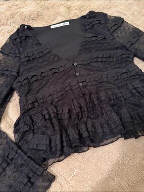 Altar'd State Black Ruffled Lace Button-Front Blouse